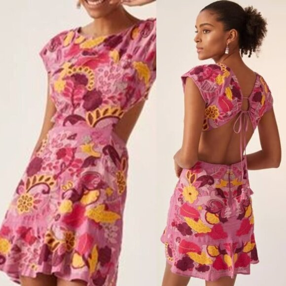 Maeve Embroidered Beaded Mini Dress Pastel Open Back Cap Sleeve Anthropologie 16 - Picture 3 of 11